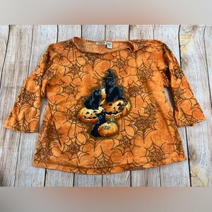 Women’s Vintage Collections Etc Halloween AOP Shirt Pumpkins Cat Spiderwebs XL